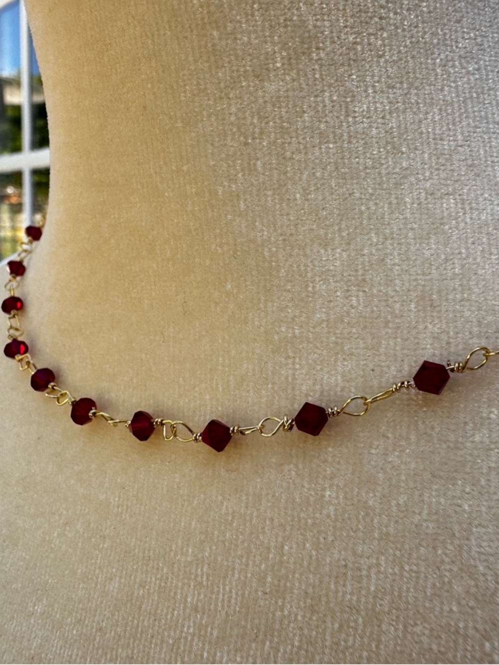 Hand Crafted Gold Chain Necklace with Ruby Red Beads